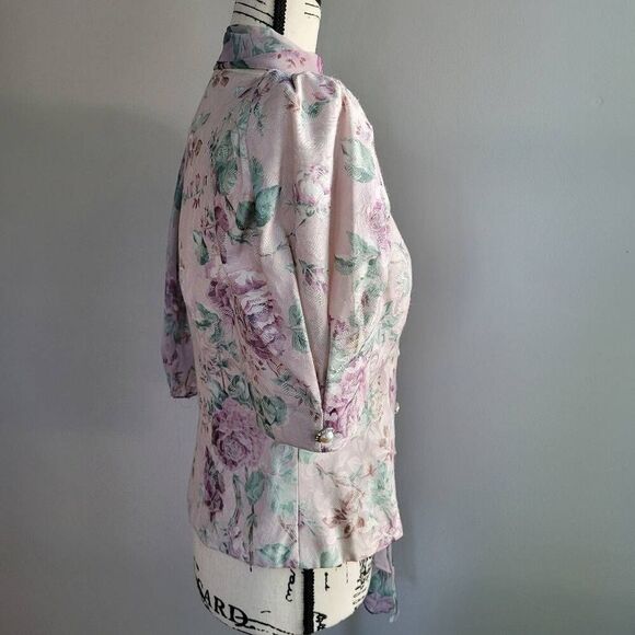 VTG rare deadstock 80s floral blouse puff sleeve attached scarf regency cottage - Picture 4 of 14